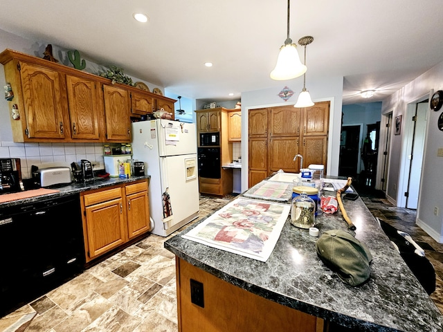 9726 County Road 8530, West Plains, MO 65775 - kitchen with black appliances, brown cabinets, tasteful backsplash, a kitchen island, and recessed lighting