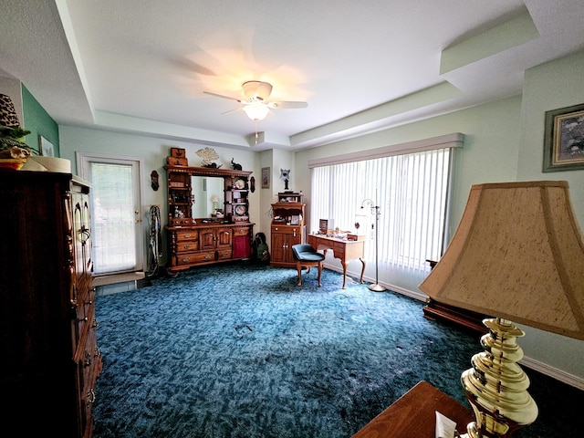 9726 County Road 8530, West Plains, MO 65775 - living area featuring carpet, a tray ceiling, a ceiling fan, and healthy amount of natural light