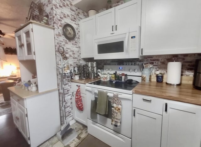 160 Clark St, Taneyville, MO 65759 - kitchen featuring white appliances, backsplash, white cabinets, and glass insert cabinets