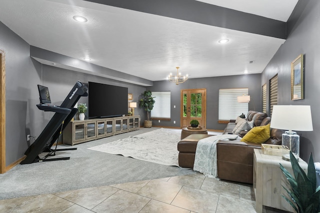 95 Highland Ct, Strafford, MO 65757 - tiled living room with a chandelier, baseboards, and recessed lighting