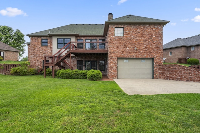 5072 E Hedgerow Dr, Springfield, MO 65802 - rear view of house with concrete driveway, a garage, a wooden deck, stairway, and brick siding