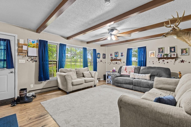 1650 Clouse Rd, Macomb, MO 65702 - living room featuring baseboard heating, a textured ceiling, wood finished floors, beamed ceiling, and a ceiling fan