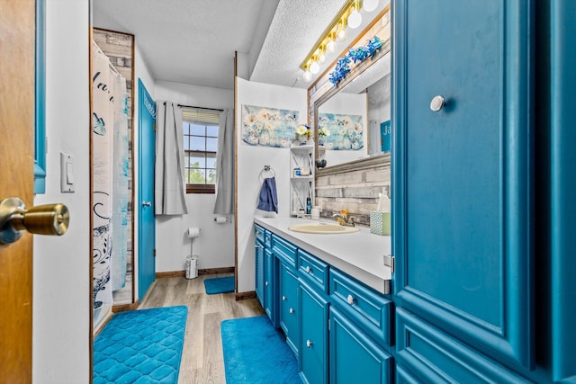1650 Clouse Rd, Macomb, MO 65702 - bathroom with wood finished floors, a textured ceiling, double vanity, baseboards, and a shower with shower curtain