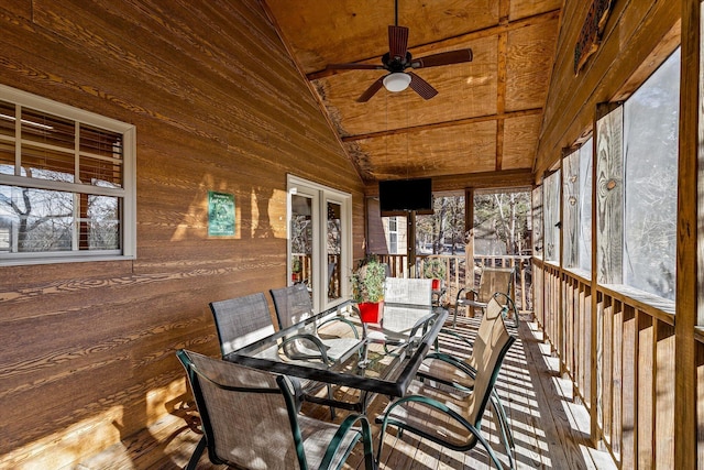 60 Mayberry Cir, Branson West, MO 65737 - sunroom with outdoor dining space, ceiling fan, and lofted ceiling