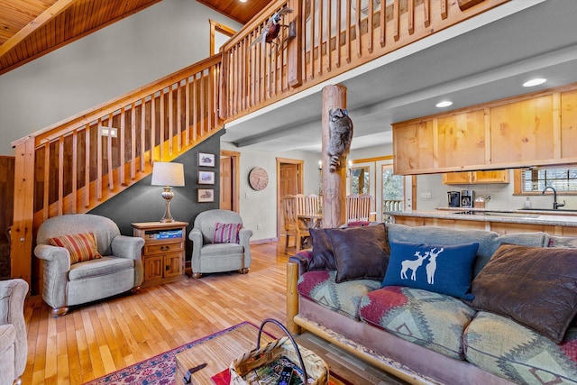 60 Mayberry Cir, Branson West, MO 65737 - living room with light wood-type flooring, stairway, recessed lighting, wooden ceiling, and high vaulted ceiling
