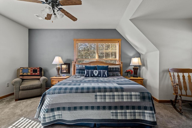 60 Mayberry Cir, Branson West, MO 65737 - bedroom featuring carpet floors, vaulted ceiling, baseboards, and a ceiling fan