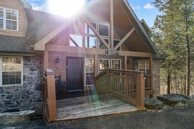 60 Mayberry Cir, Branson West, MO 65737 - doorway to property with stone siding and a shingled roof