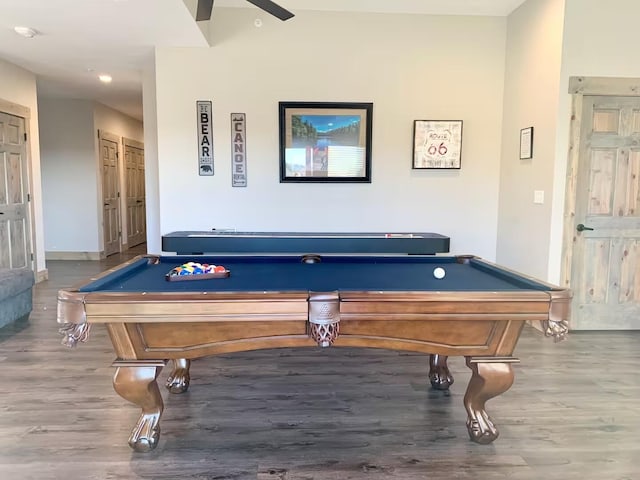 240 Chateau Cove Dr, Branson, MO 65616 - rec room featuring billiards, wood finished floors, recessed lighting, and a ceiling fan
