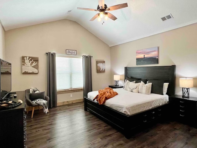 240 Chateau Cove Dr, Branson, MO 65616 - bedroom featuring dark wood finished floors, lofted ceiling, and a ceiling fan