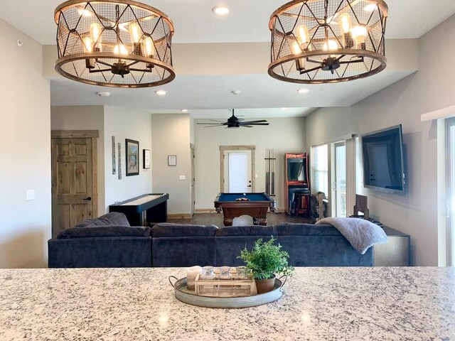 240 Chateau Cove Dr, Branson, MO 65616 - living room featuring pool table, recessed lighting, and a chandelier