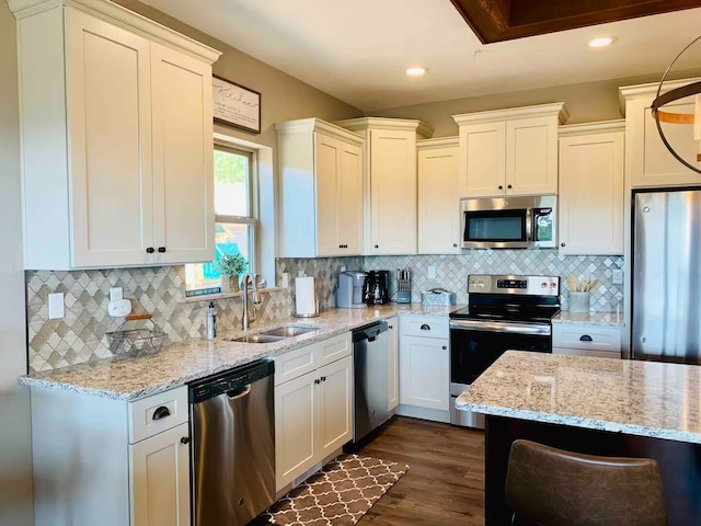 240 Chateau Cove Dr, Branson, MO 65616 - kitchen with stainless steel appliances, a sink, dark wood-type flooring, tasteful backsplash, and light stone counters