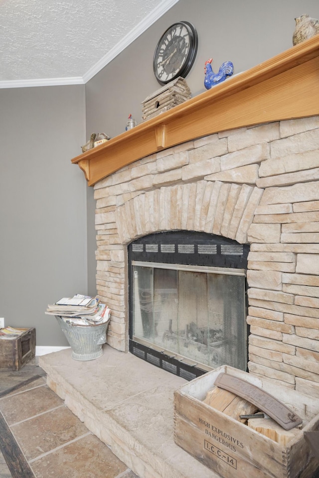 4857 S 101st Rd, Bolivar, MO 65613 - detailed view of a textured ceiling, baseboards, ornamental molding, and a stone fireplace