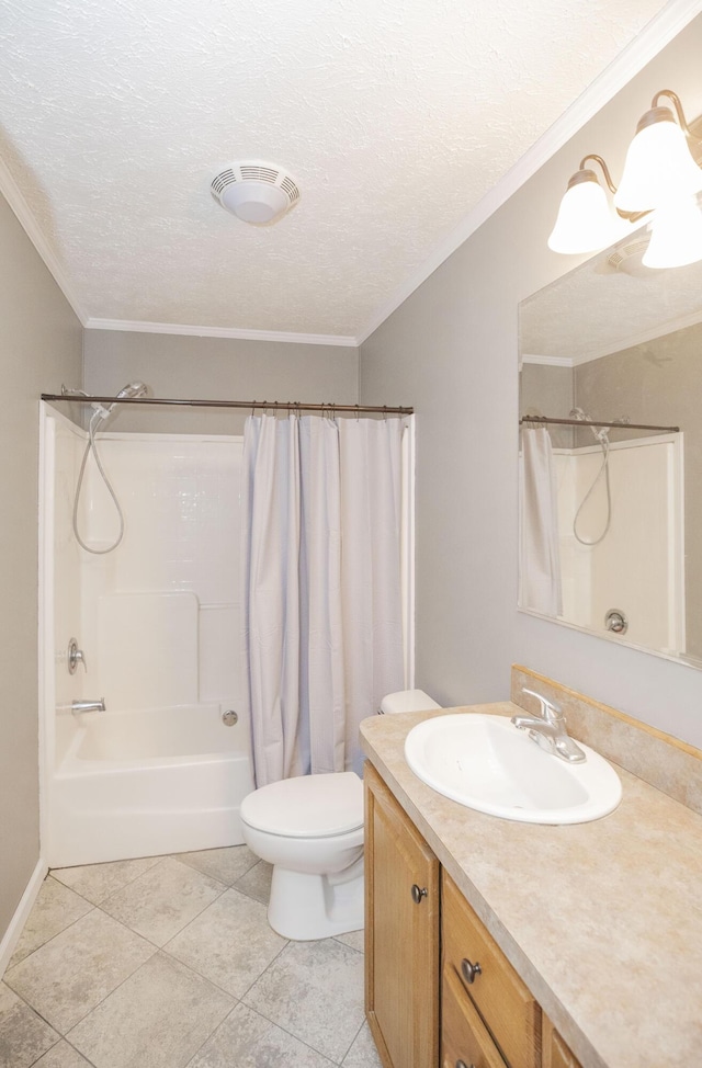 4857 S 101st Rd, Bolivar, MO 65613 - bathroom featuring vanity, a textured ceiling, shower / bath combination with curtain, ornamental molding, and toilet