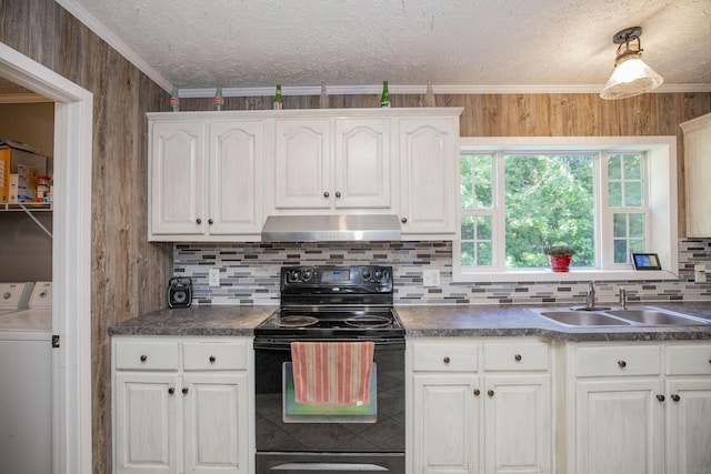 4857 S 101st Rd, Bolivar, MO 65613 - kitchen with black range with electric stovetop, exhaust hood, a sink, washer and dryer, and tasteful backsplash