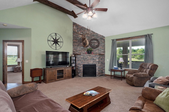 7519 W Farm Rd Unit 194, Republic, MO 65738 - carpeted living room with high vaulted ceiling, a ceiling fan, a stone fireplace, beam ceiling, and baseboards