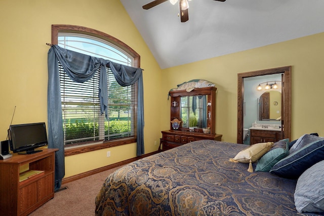 7519 W Farm Rd Unit 194, Republic, MO 65738 - bedroom with carpet, vaulted ceiling, ensuite bathroom, ceiling fan, and baseboards