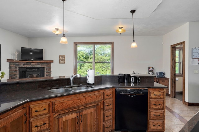 7519 W Farm Rd Unit 194, Republic, MO 65738 - kitchen with dishwasher, a sink, brown cabinetry, pendant lighting, and light tile patterned floors