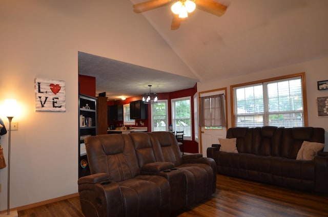 425 S Sherwood Ave, Republic, MO 65738 - living area with dark wood finished floors, a chandelier, ceiling fan, and high vaulted ceiling