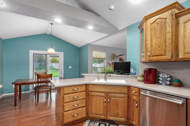 382 S Yellowwood Dr, Springfield, MO 65809 - kitchen featuring stainless steel dishwasher, lofted ceiling, a sink, a peninsula, and light wood-type flooring
