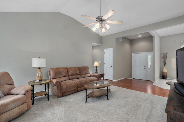 382 S Yellowwood Dr, Springfield, MO 65809 - carpeted living room featuring a ceiling fan, high vaulted ceiling, baseboards, and wood finished floors