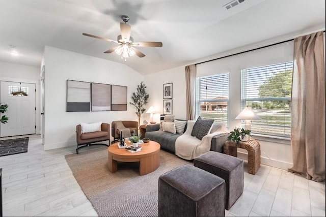 1108 W Pebblebrooke Dr, Ozark, MO 65721 - living room featuring ceiling fan, baseboards, and lofted ceiling