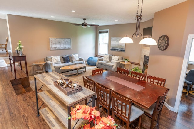 1394 Bee Creek Rd, Branson, MO 65616 - dining room with wood finished floors, a ceiling fan, recessed lighting, and baseboards