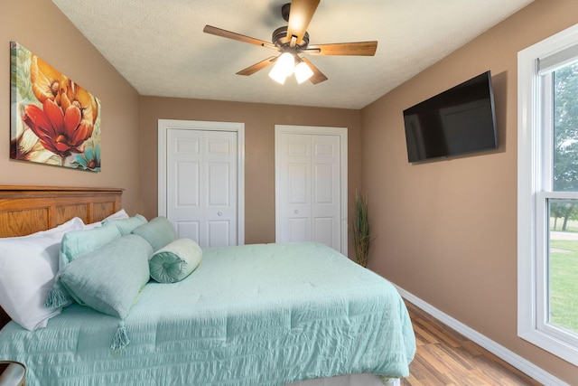 1394 Bee Creek Rd, Branson, MO 65616 - bedroom with baseboards, two closets, wood finished floors, and ceiling fan