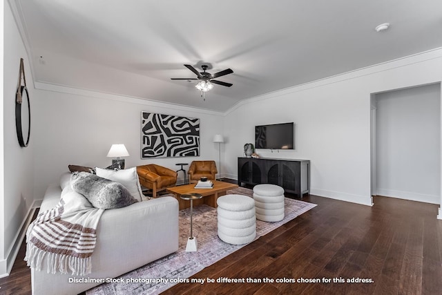 1106 W Pebblebrooke Dr, Ozark, MO 65721 - living room with dark wood-style floors, a ceiling fan, baseboards, and crown molding