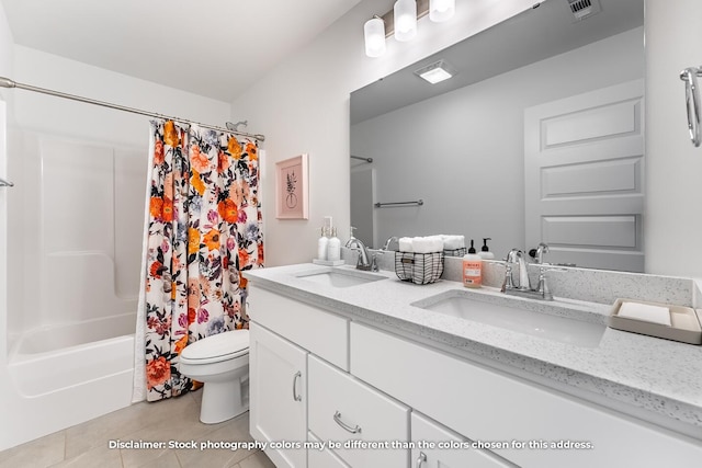 1106 W Pebblebrooke Dr, Ozark, MO 65721 - full bathroom with tile patterned floors, toilet, double vanity, and shower / tub combo with curtain