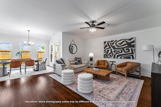 1106 W Pebblebrooke Dr, Ozark, MO 65721 - living area featuring a chandelier, dark wood-style floors, ceiling fan, lofted ceiling, and crown molding