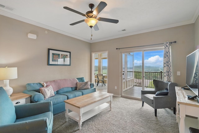 200 Majestic Dr Unit 1-208, Branson, MO 65616 - carpeted living area featuring ceiling fan, ornamental molding, and baseboards