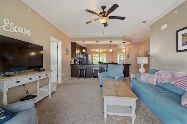 200 Majestic Dr Unit 1-208, Branson, MO 65616 - living area featuring ornamental molding, a ceiling fan, light carpet, and baseboards