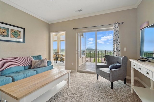 200 Majestic Dr Unit 1-208, Branson, MO 65616 - living room featuring carpet floors, healthy amount of natural light, crown molding, and baseboards
