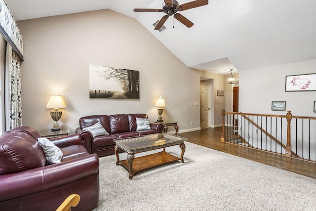 5142 S Burrows Ave, Springfield, MO 65810 - living room featuring ceiling fan, lofted ceiling, wood finished floors, and baseboards