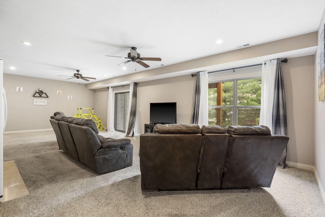 5142 S Burrows Ave, Springfield, MO 65810 - living room with recessed lighting, light carpet, baseboards, and a ceiling fan