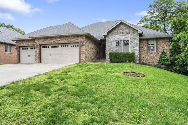 5142 S Burrows Ave, Springfield, MO 65810 - view of front of property with a garage, driveway, a front lawn, brick siding, and a shingled roof