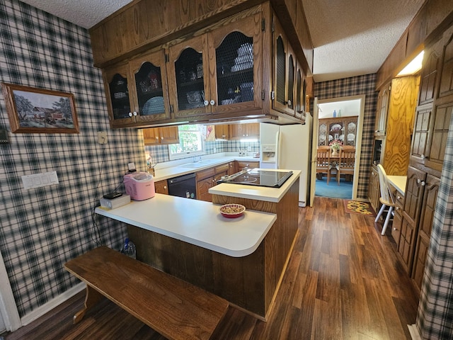 22389 Lawrence Unit 1215, Aurora, MO 65605 - kitchen with wallpapered walls, a textured ceiling, black appliances, dark wood-type flooring, and light countertops