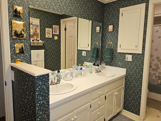 22389 Lawrence Unit 1215, Aurora, MO 65605 - full bathroom with double vanity, wallpapered walls, and tile patterned flooring