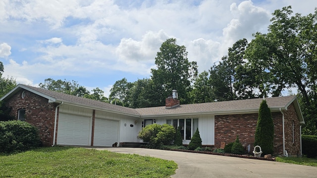 22389 Lawrence Unit 1215, Aurora, MO 65605 - single story home with a chimney, a garage, concrete driveway, and brick siding