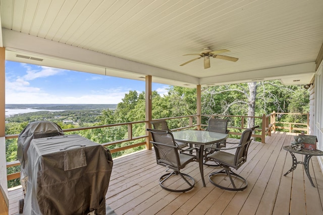 39 James River Rd, Kimberling City, MO 65686 - deck featuring grilling area, outdoor dining area, and ceiling fan