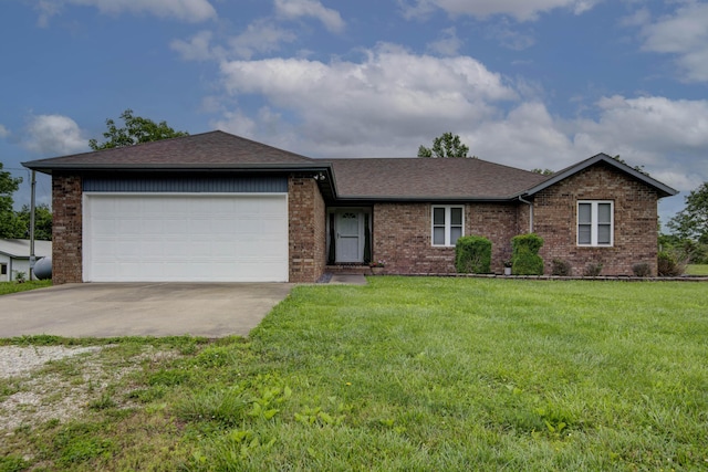 299 Regal Dr, Rogersville, MO 65742 - ranch-style house with brick siding, driveway, an attached garage, a front lawn, and a shingled roof