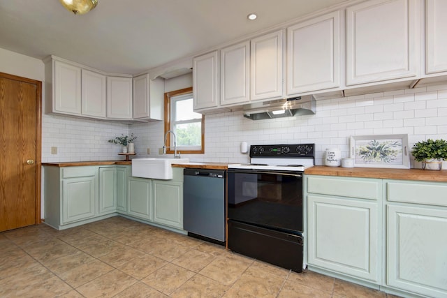 299 Regal Dr, Rogersville, MO 65742 - kitchen featuring range with electric cooktop, dishwashing machine, under cabinet range hood, wooden counters, and a sink
