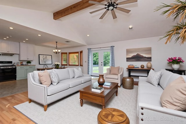299 Regal Dr, Rogersville, MO 65742 - living area featuring a chandelier, light wood-type flooring, a ceiling fan, recessed lighting, and french doors