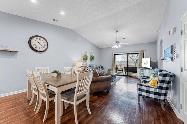 350 S Wildwood Dr Unit B-11, Branson, MO 65616 - dining room featuring vaulted ceiling, wood finished floors, a textured ceiling, baseboards, and a ceiling fan