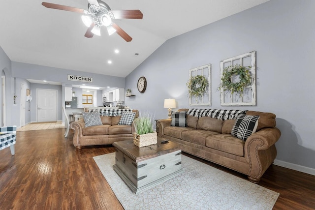 350 S Wildwood Dr Unit B-11, Branson, MO 65616 - living room featuring dark wood-style flooring, a ceiling fan, lofted ceiling, and baseboards