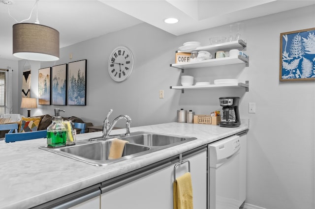 200 Golf View Dr Unit 3, Branson, MO 65616 - kitchen featuring white dishwasher, a sink, light countertops, open shelves, and open floor plan
