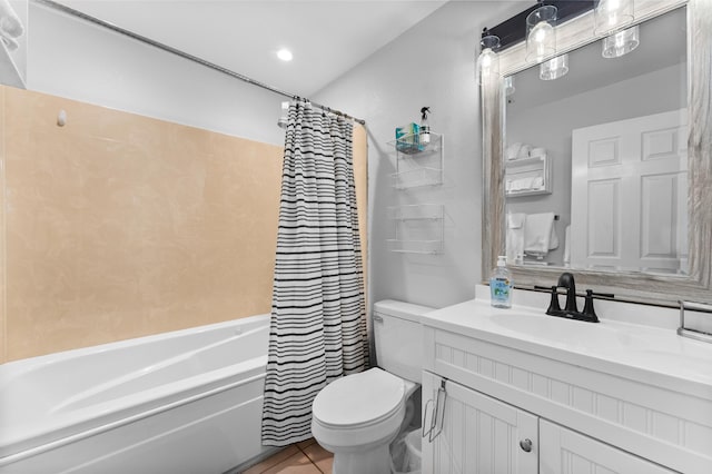200 Golf View Dr Unit 3, Branson, MO 65616 - bathroom with toilet, shower / bathtub combination with curtain, vanity, and tile patterned flooring