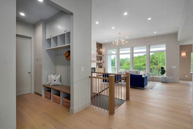 3725 E Woodhue St, Springfield, MO 65802 - mudroom featuring light wood finished floors, recessed lighting, a chandelier, and baseboards