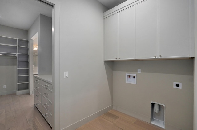 3725 E Woodhue St, Springfield, MO 65802 - laundry room with hookup for an electric dryer, washer hookup, cabinet space, light wood-style floors, and baseboards