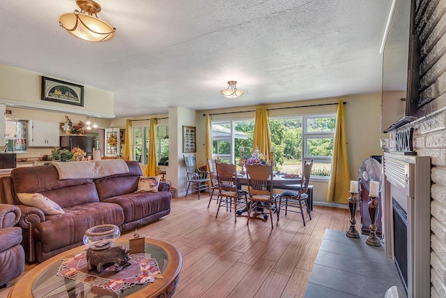 360 Cathy St, Branson, MO 65616 - living area featuring light wood-style floors, a textured ceiling, and a fireplace